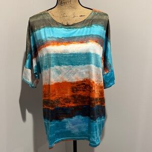 Women’s Relaxed Short-Sleeve Abstract Stripe Top - Turquoise, Green & Orange